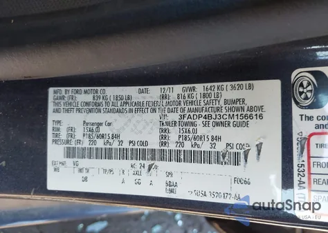 2012 Ford Fiesta Se from USA, damaged, VIN 3FADP4BJ3CM156616